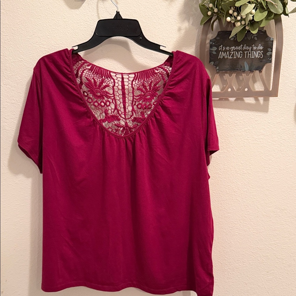 Elegant Wine Lace-Back Women's Top,2X
